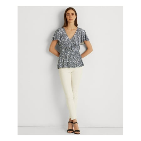 RALPH LAUREN Womens Navy Ruffled Tie Hook And Eye Front Floral Flutter Sleeve V Neck Peplum Top S