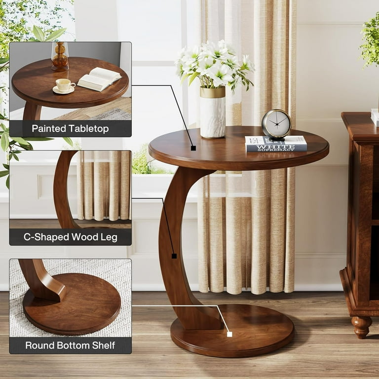 Tribesigns Solid Wood Round End Table Mid Century C Shaped Side Table for Living Room Brown