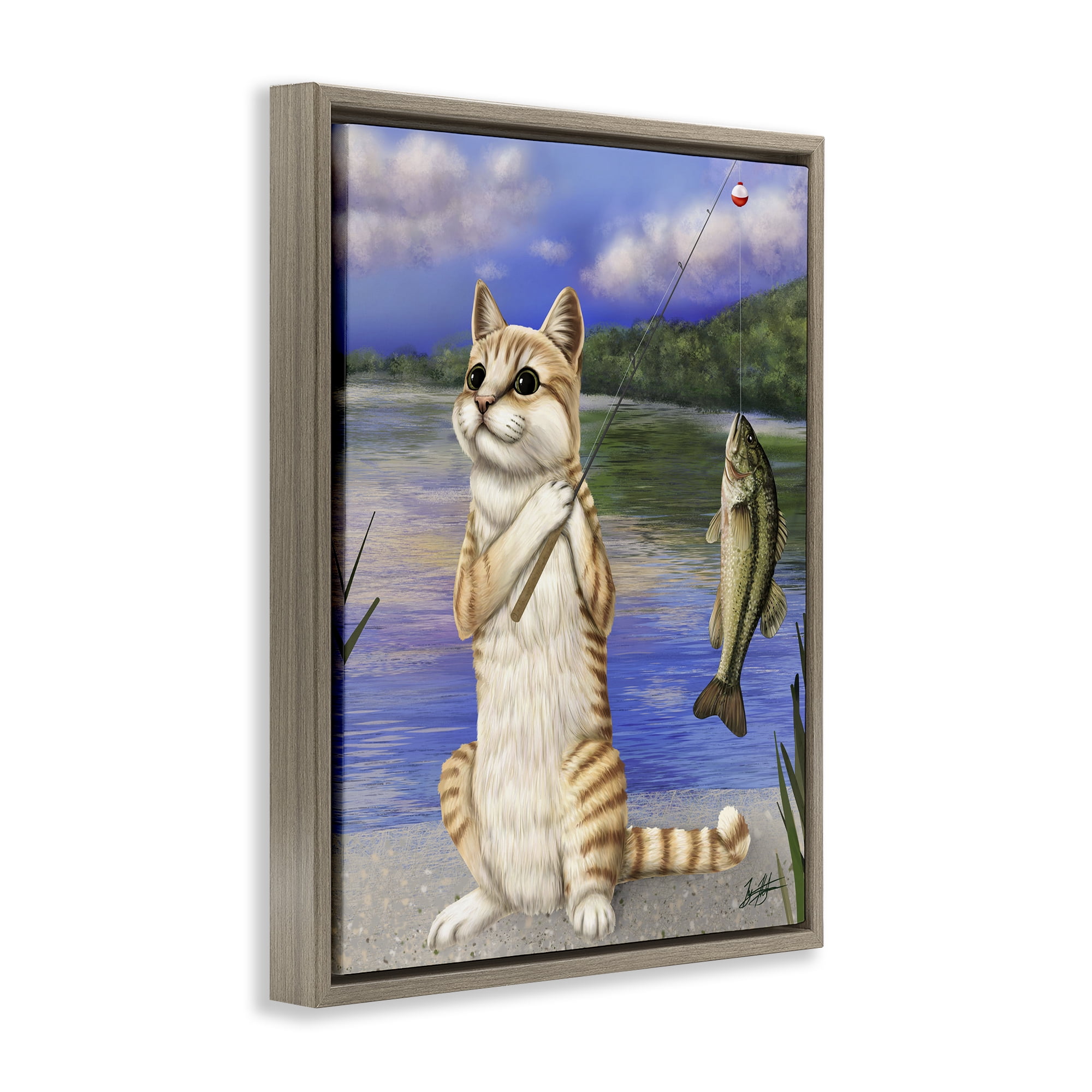 Stupell Industries Fishing Cat by Lake Animals & Insects Painting Brown Floater Framed Canvas Art Print Wall Art, 17 x 21