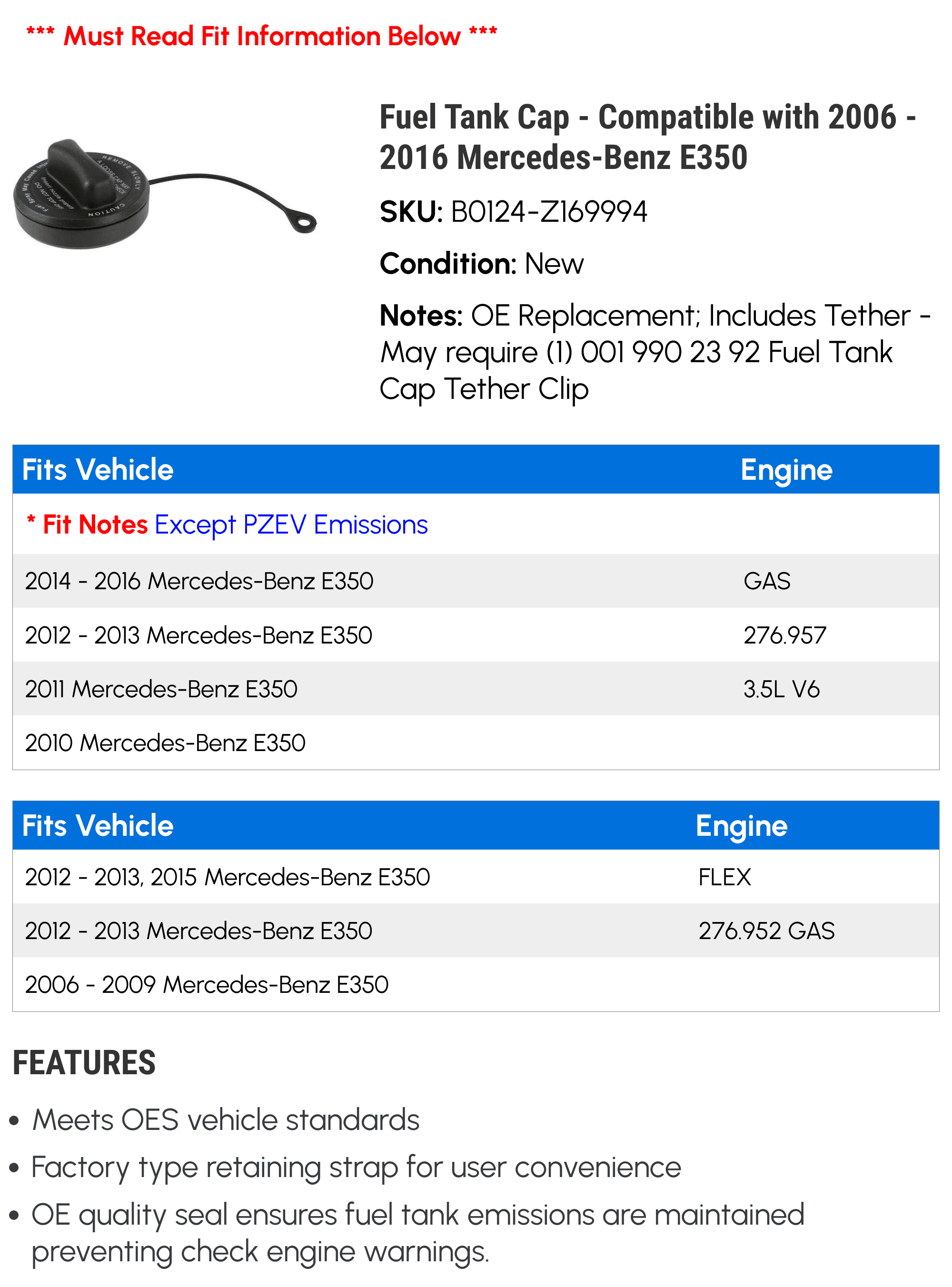 Fuel Tank Cap - Compatible with 2006 - 2016 Mercedes-Benz