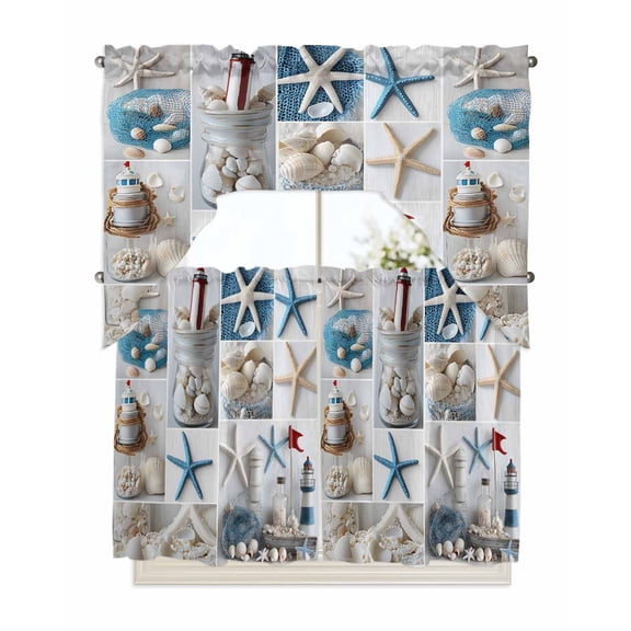 Starfish Kitchen Curtains Swag Valance and Tier Curtains Set 36 Inch Length, Ocean Shell Coastal Nautical Flag Light-house Rod Pocket Drape Panels Pair Swag Curtains for Bathroom/Cafe/Window