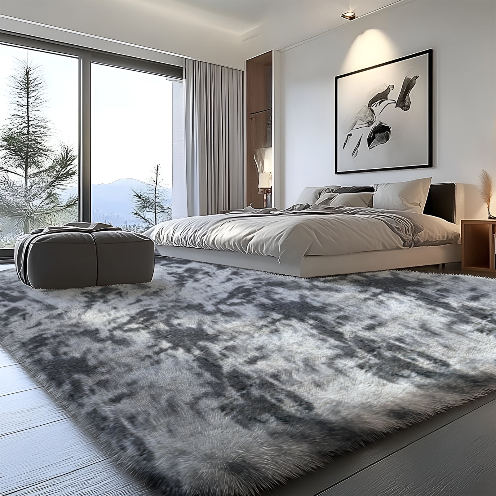 Pentantan 8’ x 10’ Shag Area Rugs, Soft Fluffy Indoor Carpet for Living Room Bedroom Decor, Tie-dyed Dark Gray