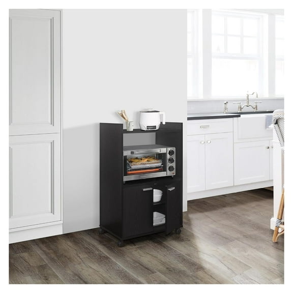 Brand Furniture Ayla Microwave Cabinet with Storage and Upper Shelf for Kitchen Appliances - 2 Door Cabinet Kitchen Storage Cart - Wood Kitchen Cart with Lockable Castors Wheels – Black
