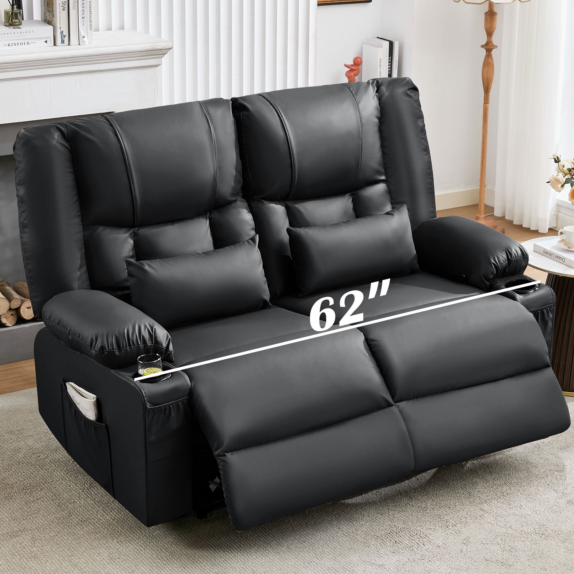 Alvantor Loveseat Recliner Sofa for Adults with Massage & Heating, Modern Leather Manual Recliner Chair with Cup Holders for Home Theater Black