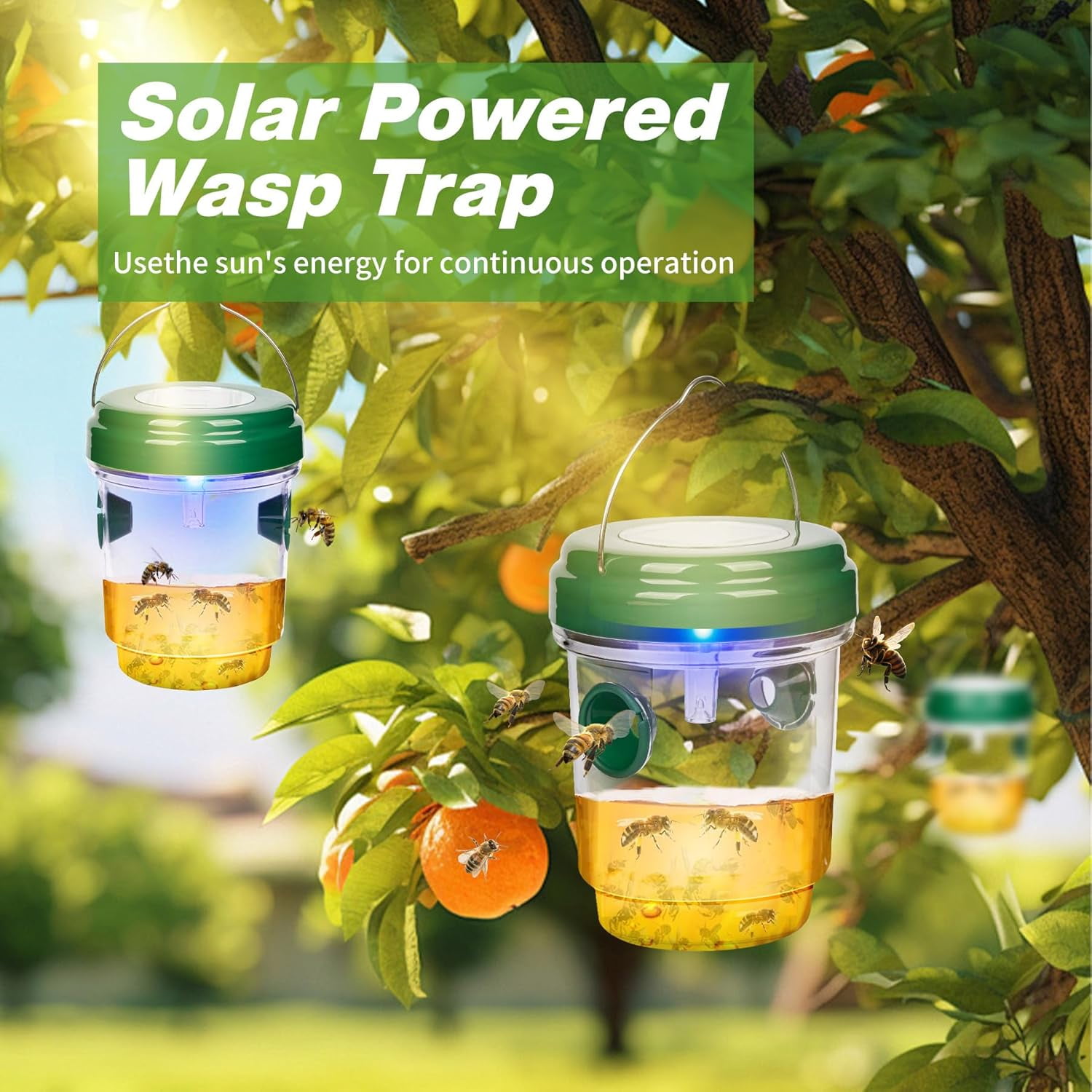 4 Pack Wasp Traps Outdoor Hanging, Solar Bee Trap for Outside with LED Light, Reusable Solar Powered Insect Traps for Garden, Patio, Porch, Backyard, Green