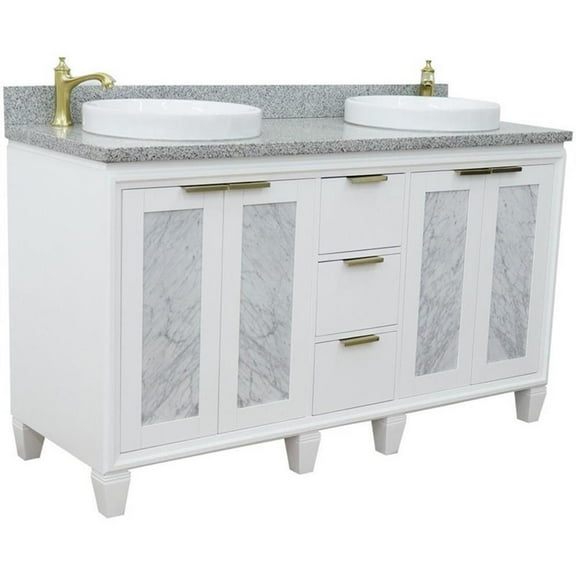 Trento 61" Double Round Sink Solid Wood Vanity in White/Gray Granite Stone