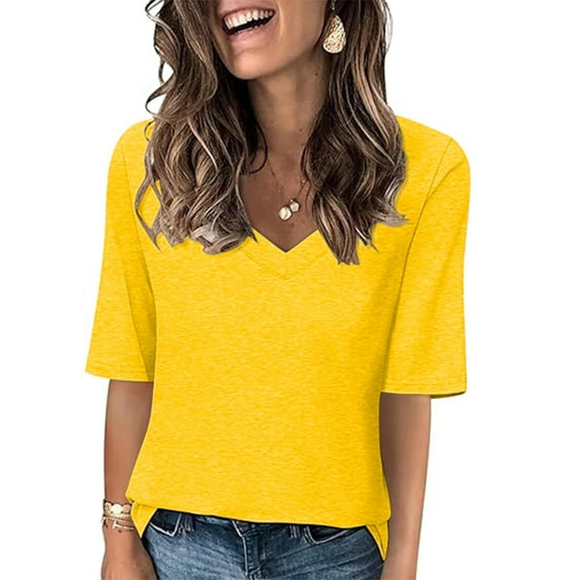 Meichang Half Sleeve Tops for Women Casual V Neck T Shirts Solid Color Basic Tees Comfy Lightweight Summer Tops Business Work T Shirts