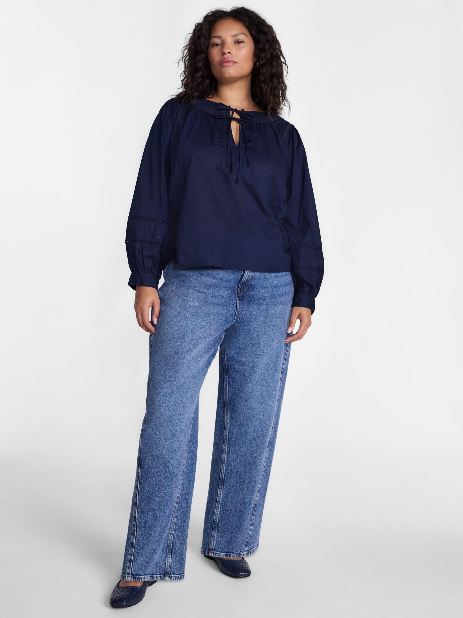 Terra & Sky Women's Plus Tie Front Geo Eyelet Cotton Blouse with Long Sleeves, Sizes 0X-5X