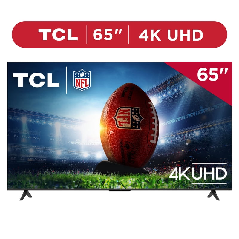TCL 65” Class S4 (65S451) 4K UHD HDR Smart TV with Roku TV front and back view