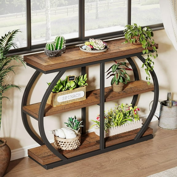 Finmind 41.3" Industrial Console Table, 3-Tier Entryway Table with Arched Metal Frame & Storage Shelves for Living Room or Hallway, Mix Brown