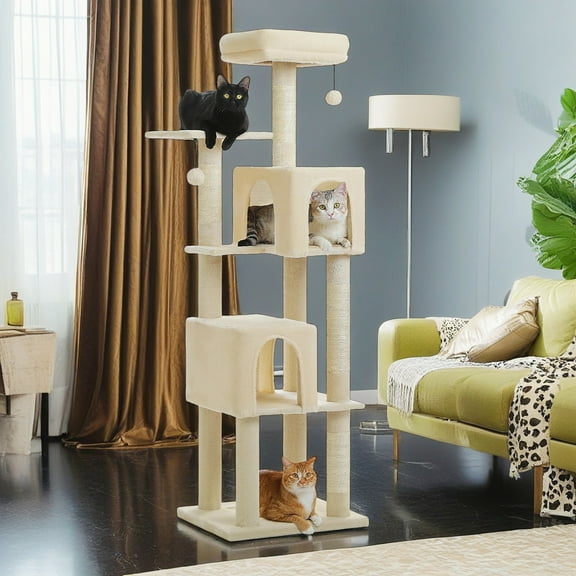 Pefilos 62" Cat Tree for Indoor Cats, Modern Cat Tree Tower with 2 Spacious Condos, Scratching Pad, 4 Cat Scratching Posts, 2 Top Perches, 2 Pompoms, Beige