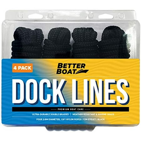 Dock Lines Boat Ropes for Docking 3/8" Line Braided Mooring Marine Rope 15FT Nylon Rope Boat Dock Lines for Docking Boat Lines Boating Rope Braided 15' Feet with Loop Black 4 Pack