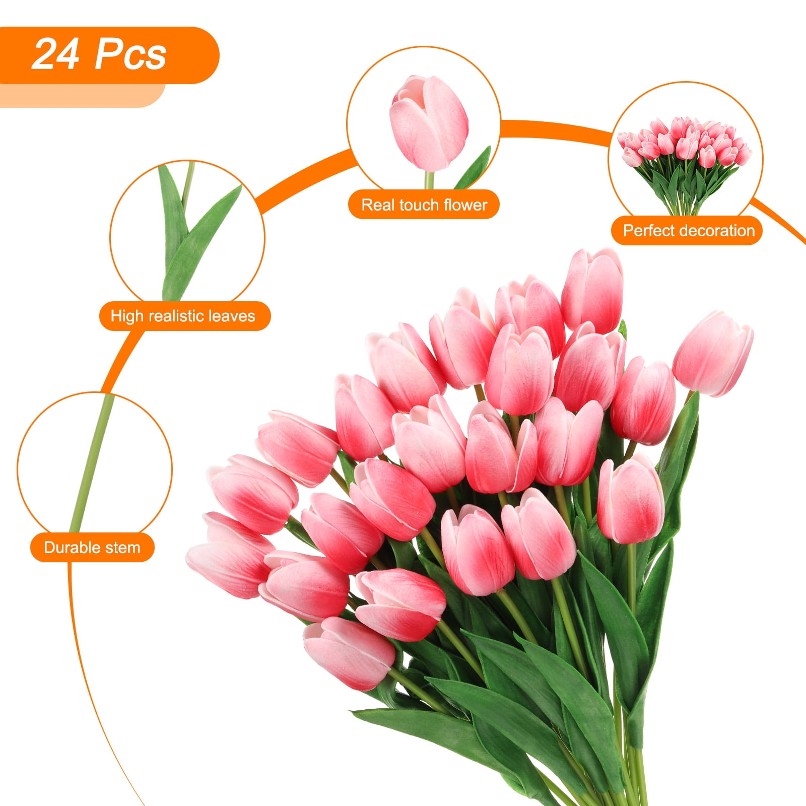 Unique Bargains Fake Flowers PU Artificial Tulips Real Touch with Stems 24Pcs Dark Pink