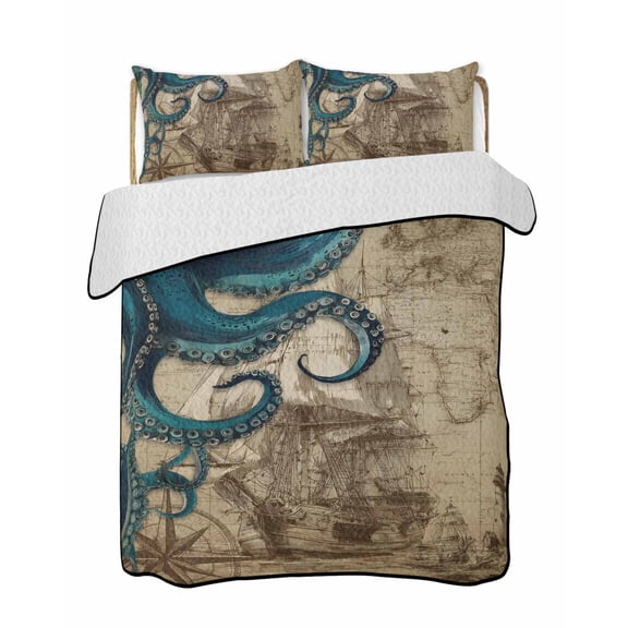 Quilt King Size Bedding Set, Nautical Blue Octopus Reversible Summer Quilt 3 Pieces, Coastal Ocean Summer Vintage Sea Lightweight Bedspreads Coverlets with 2 Pillow Shams for All Seasons