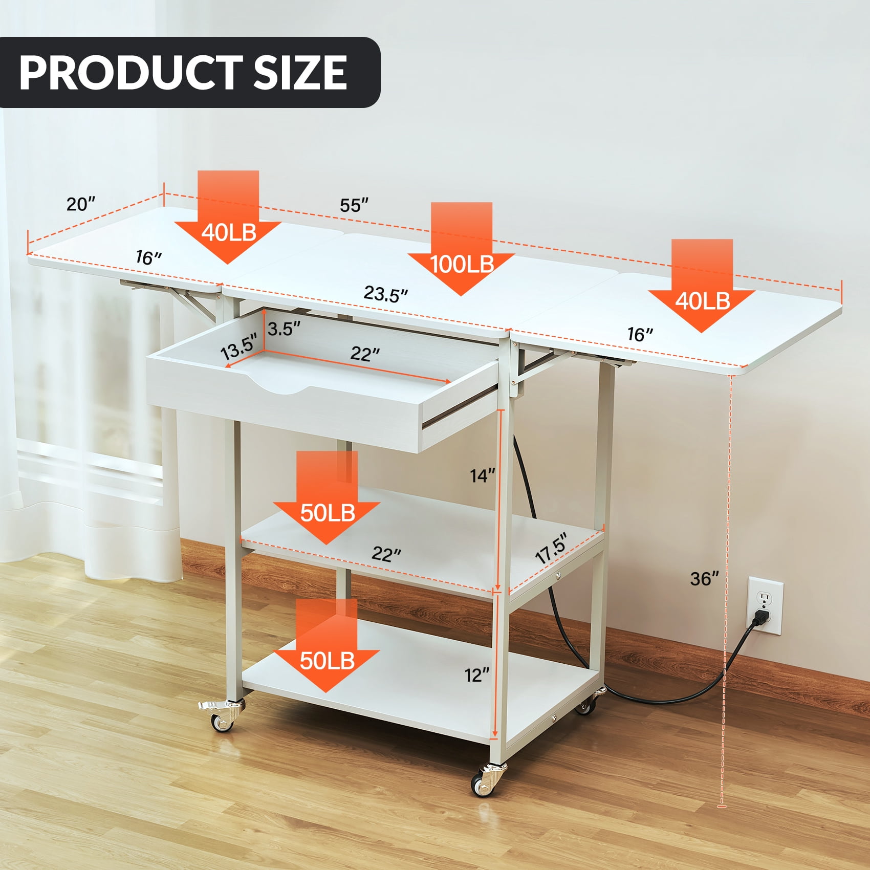 TC-HOMENY Foldable Heat Press Machine Stand w/ Charging Station, Mobile Heat Printer Cart w/ 3-Tier Storage & Drawer, Movable Heat Transfer Machine Workbench, White