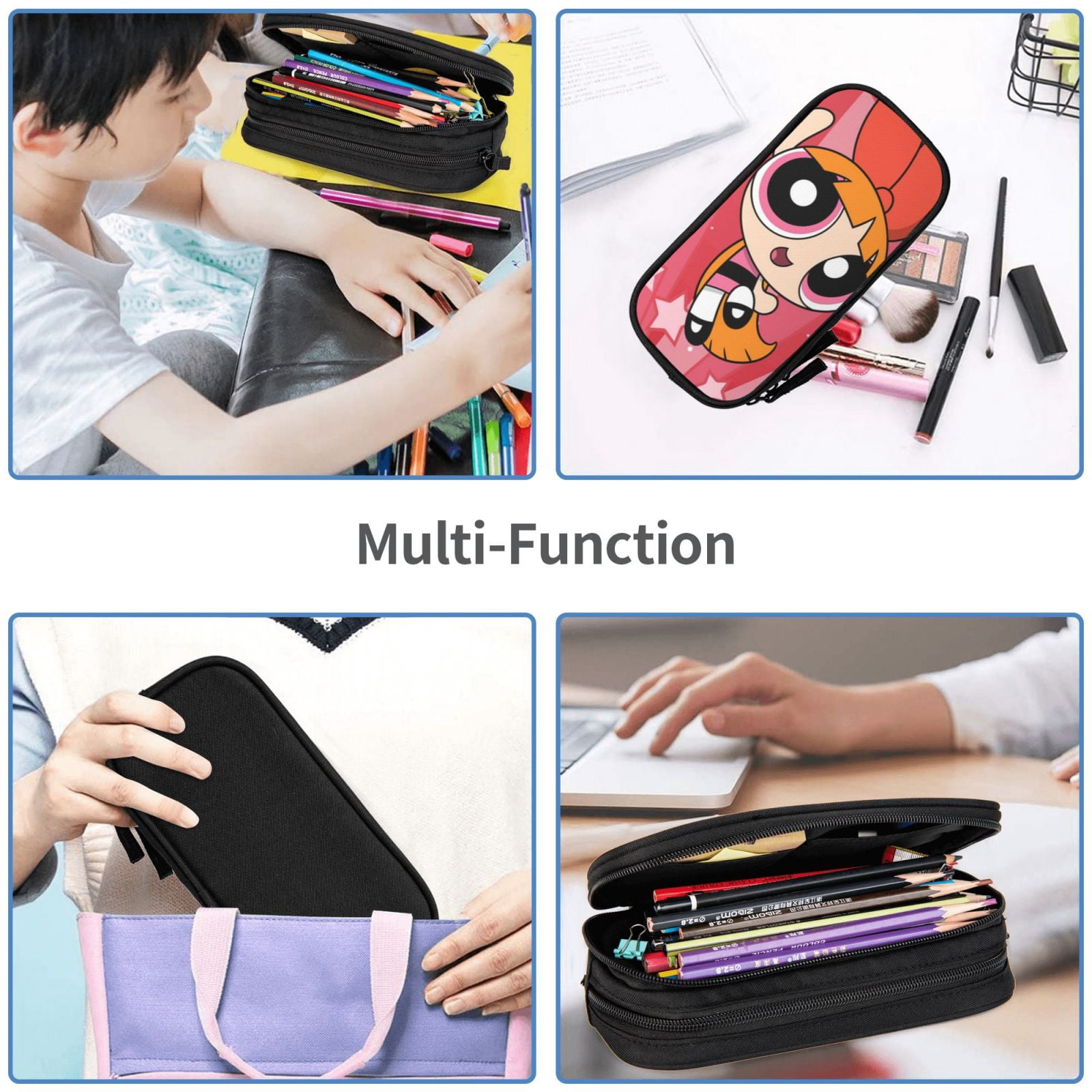 The Powerpuff Gi-rls Pencil Case Large Capacity Pencil Pouch Penbag Office Stationery Organizer Travel Makeup Bag Black