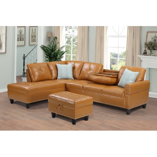 taoruifang Irine Faux Leather 3-piece Sectional Sofa set L-shaped with Ottoman with two toss pillows, Ginger color