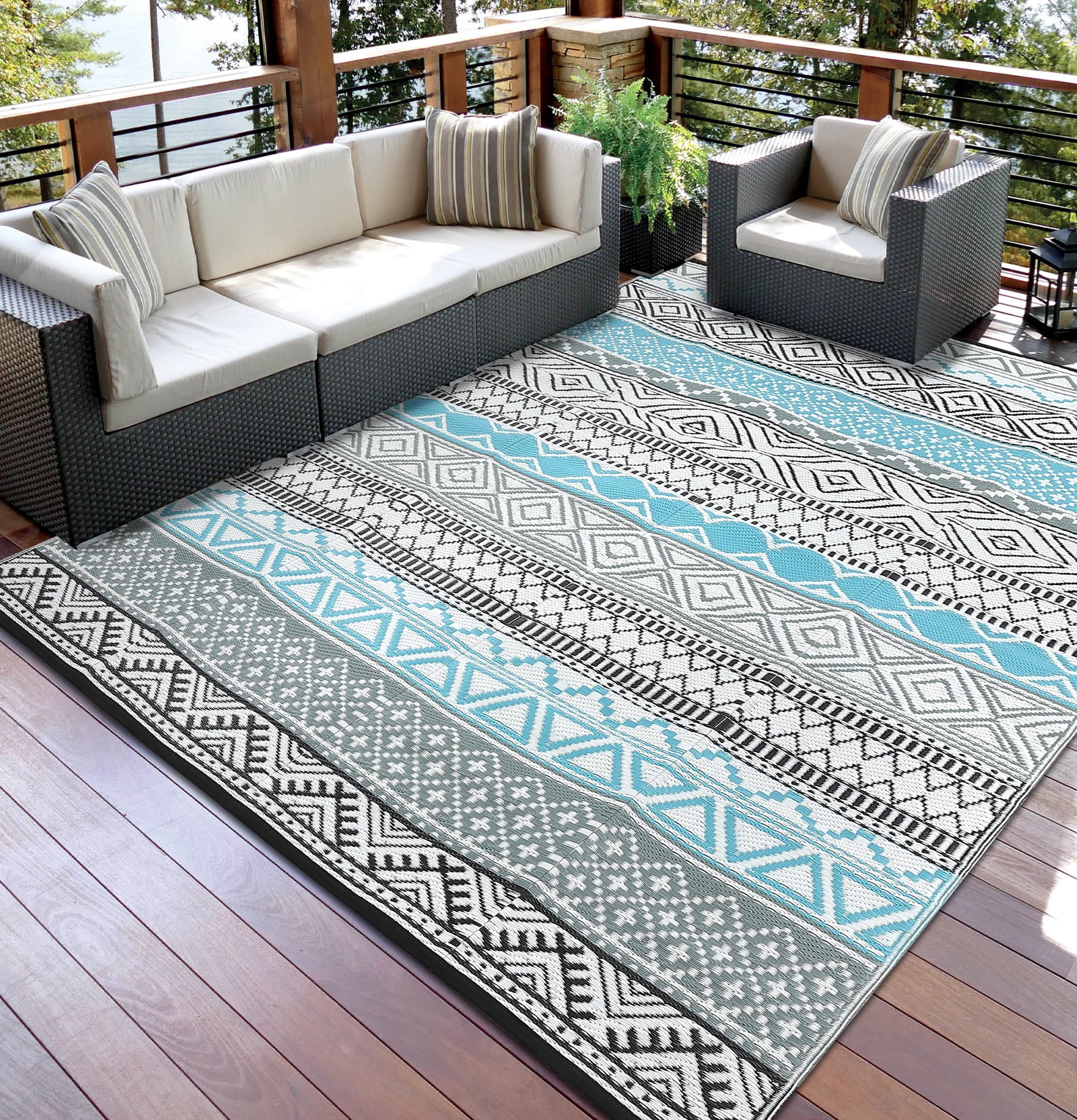 COZONY 9x12 ft Outdoor Rug, Reversible Waterproof Patio Mat, UV & Stain Resistant, Foldable for Garden, Campsite, Blue/Gray/Black/White