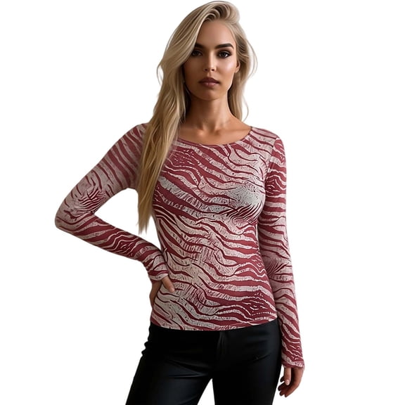 Womens Long Sleeve Tops Casual Crewneck T Shirts Animal Print Off Shoulder For Plus Size Bodycon Sheer Mesh Blouse Basic Tees