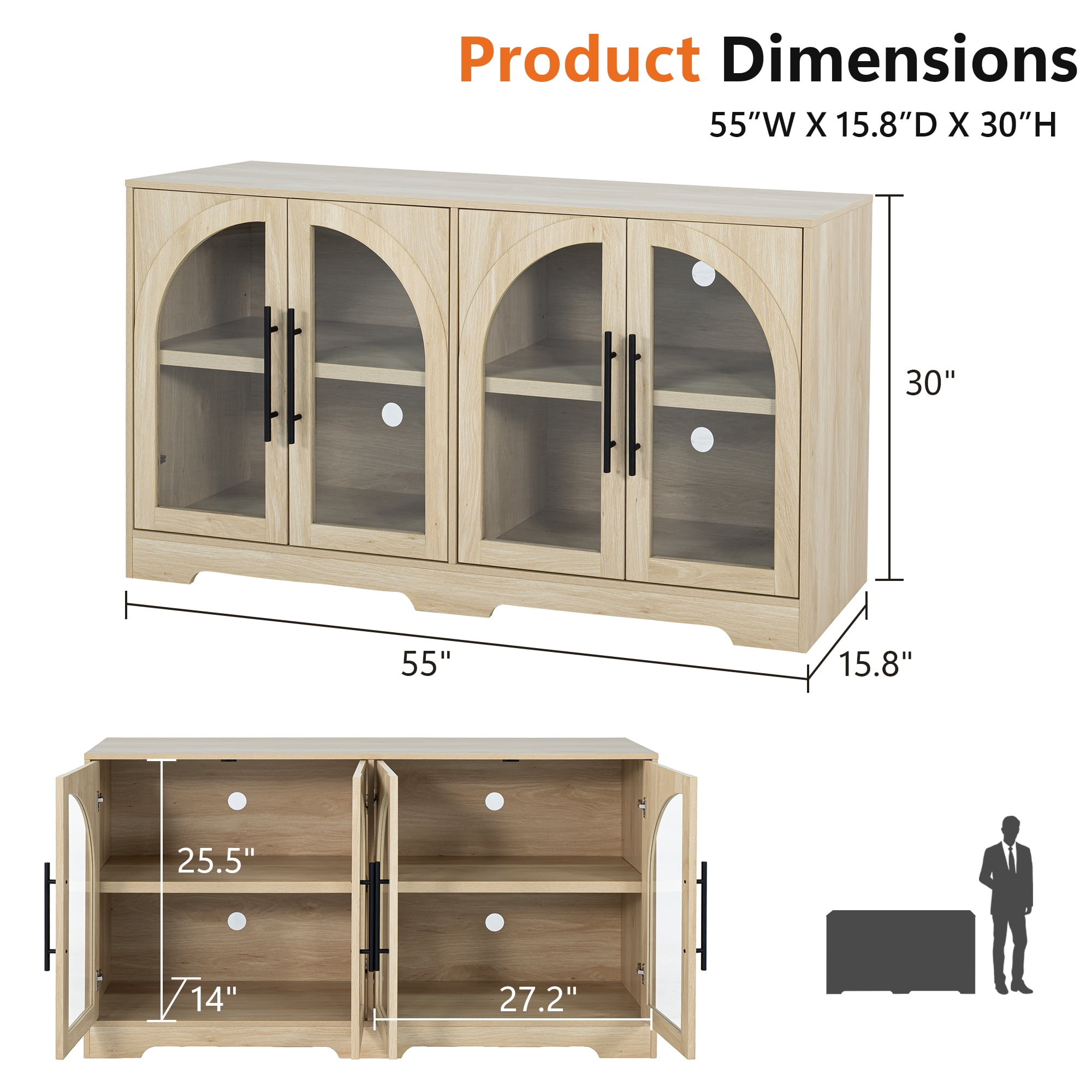 Leovanni 55" Sideboard Cabinet with Glass Doors, Wood Buffet Cabinet with Adjustable Shelves and Cable Management, Storage Console for Dining Room, Living Room, Entryway, Natural