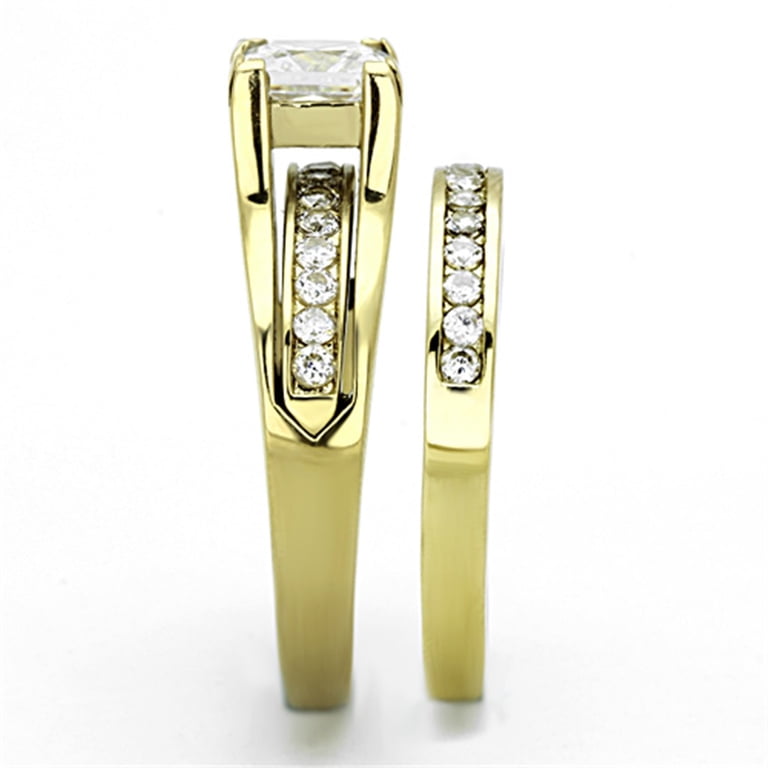 Couples Ring Set 7x7mm Princess CZ Gold Plated Wedding Ring Mens