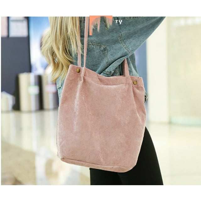 Sacs Fourre-Tout en Velours Côtelé pour Femmes, Sac à Bandoulière Léger Réutilisable, Grande Capacité, Sacs de Magasinage, Sacs à Main Rétro Décontractés, Sangle Renforcée, Rose Vif