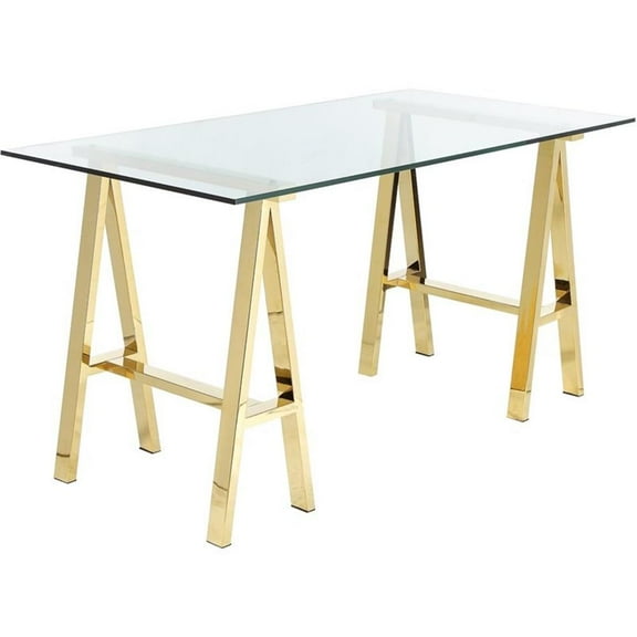 Pemberly Row Contemporary Small Metal Desk with Glass in Polished Gold