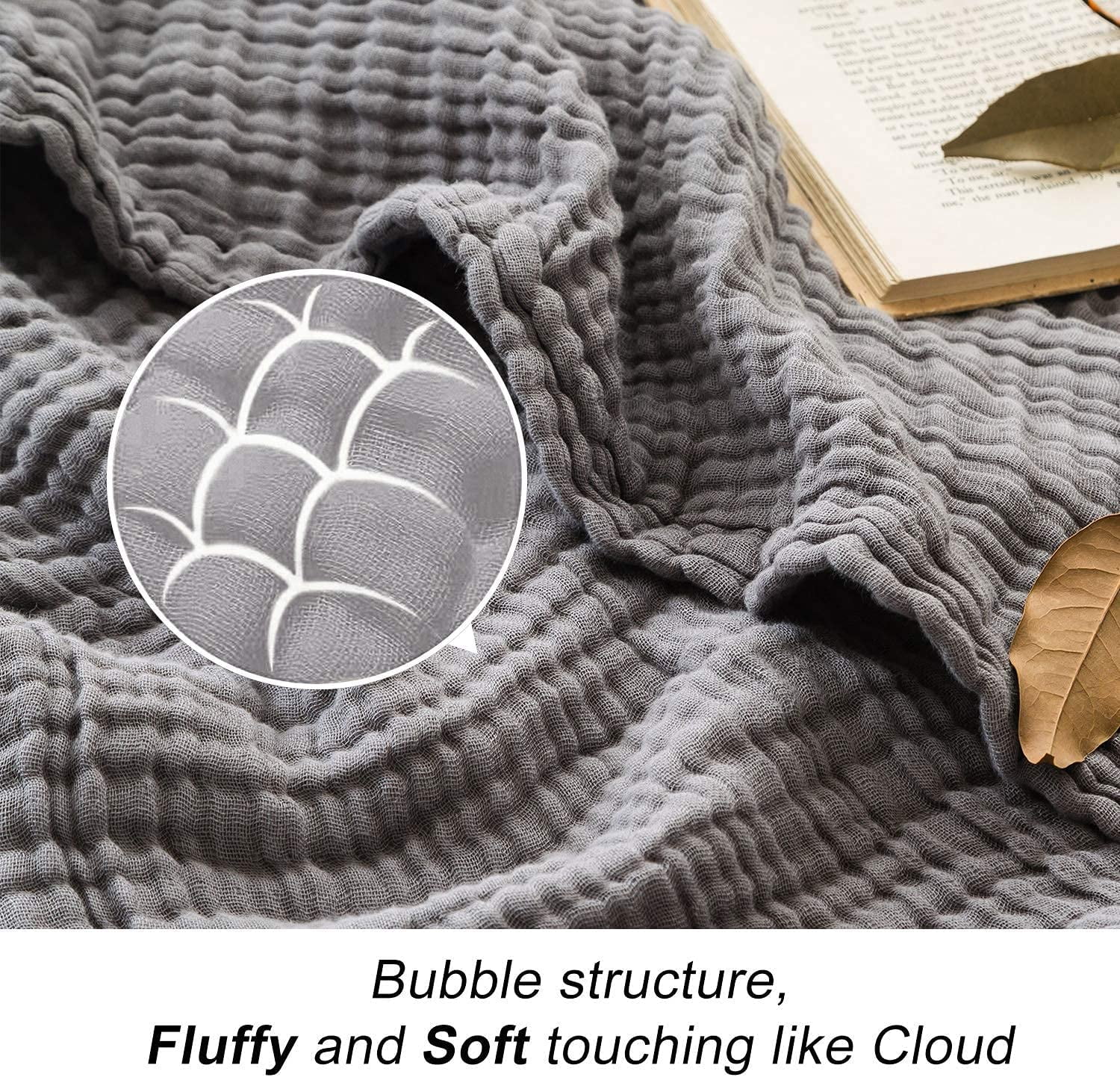 EMME Muslin Grey Throw Blanket 100% Cotton 6-Layer Couch Bed Blankets for Adults and Baby 55"x75" Lightweight Soft Breathable All Season Gauze Blanket, Grey