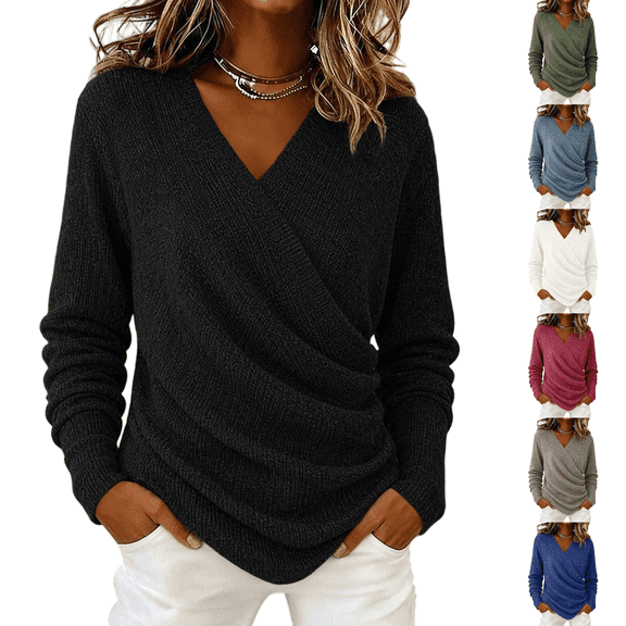 LNZGNM V Neck Wrap Sweaters for Women Fashion Ruched Long Sleeve Cross Front Knit Pullover Casual Cozy Travel Fall Outfit, Black (XXL)
