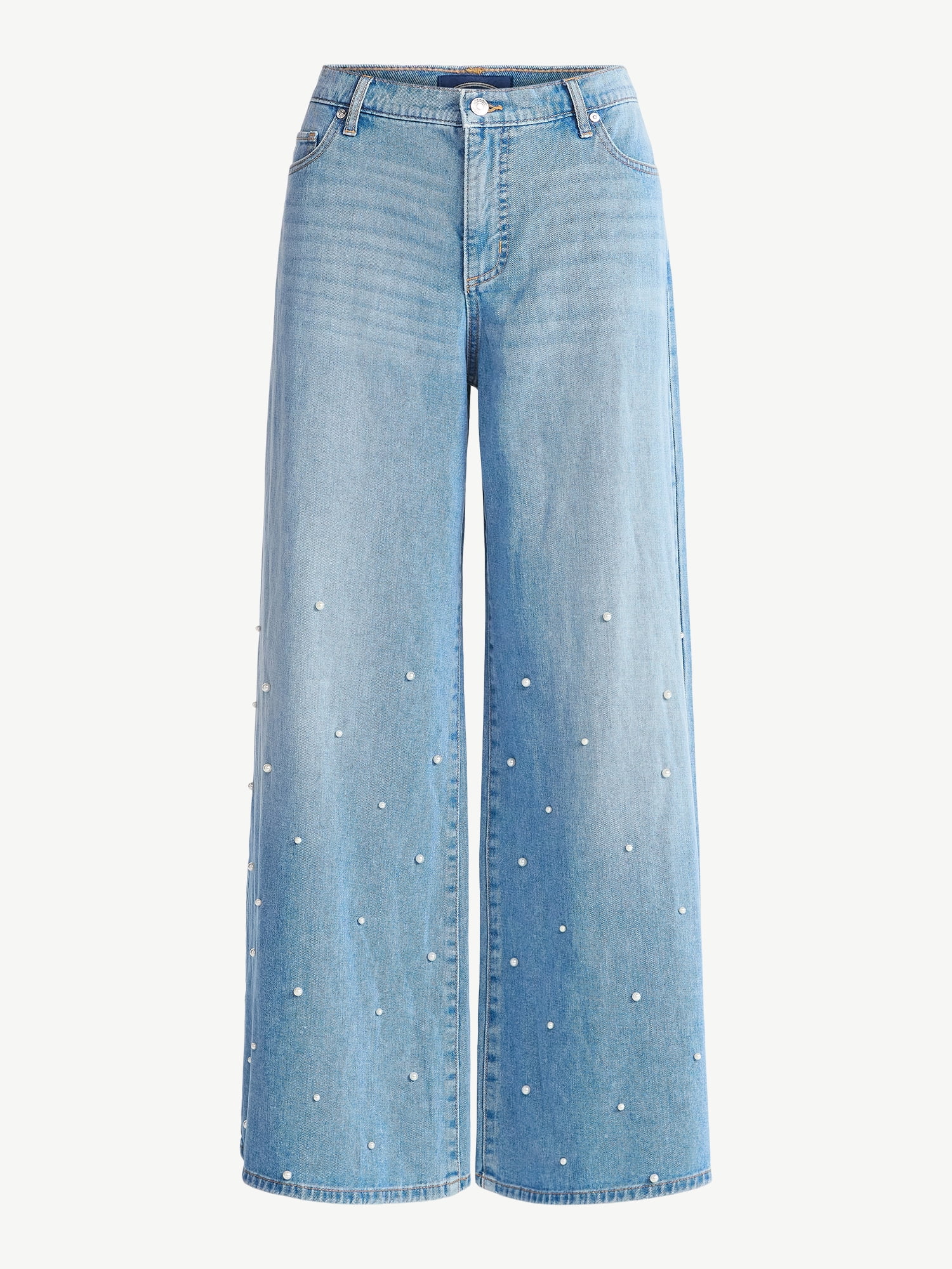 Scoop Women's and Women’s Plus Wide Leg Jeans with Faux Pearl Accents, Sizes 0-26W