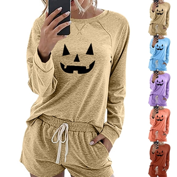 THDHVS Fall Pajamas Women,Lounge Sets for Women,Women Halloween Pumpkin Print Pajama Set with Wearable for Festive Home Wear and Outdoor Compatibility Khaki M