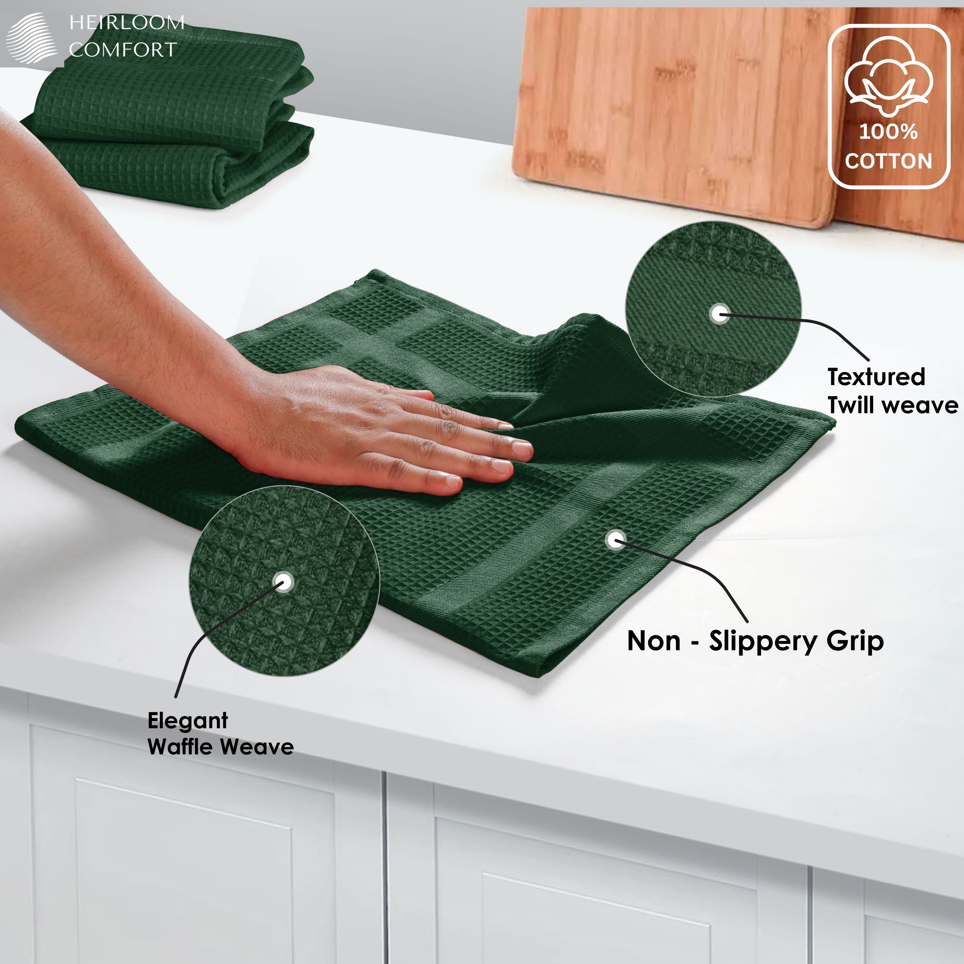 HEIRLOOM COMFORT 3 Pack Waffle Weave Kitchen Towels, 16x26 Inch, 100% Cotton, Absorbent Dishcloth Set, Quick Dry, Soft for Cleaning, Wiping, Hand Towels, Dish Rags, Wash Cloth, Durable, Forest Green