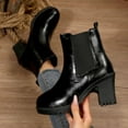 thumbnail image 3 of Womens Platform High Heels Chelsea Boots Fashion Leather Chunky Block Heeled Slip on Mid Calf Ankle Booties Black Size 6.5, 3 of 7