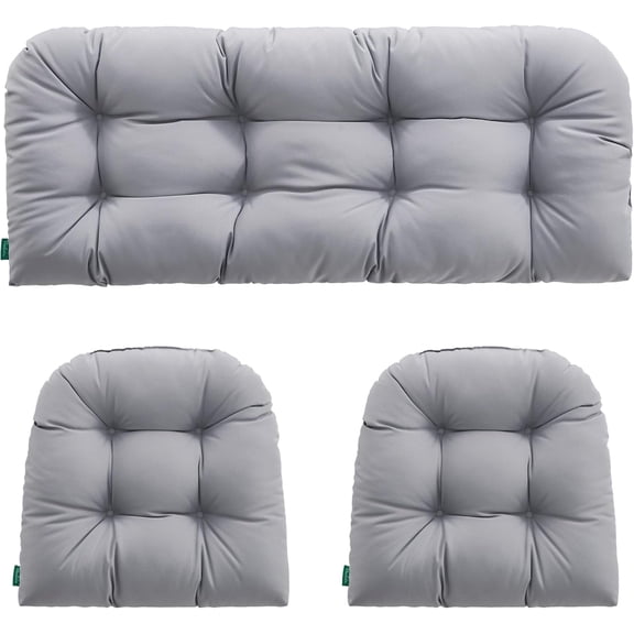 Outdoor/Indoor All Weather Tufted Wicker Chair Cushions of 3 Pieces(2-19*19*4in 1-44*19*4in), 1 Loveseat and 2 U-Shape Waterproof Cushions for Patio Furniture,Wicker Loveseat,Bench-Grey