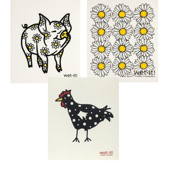 Wet-It! Swedish Treasures Dishcloth & Cleaning Cloth - Set of 3 - Daisy Pig, Daisies & Spotted Black Chicken - (Paper Towel Replacement)