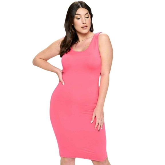 Yelete Lady's Scoop Neckline Body-Con Dress, Plus Size, Hot Pink, XL
