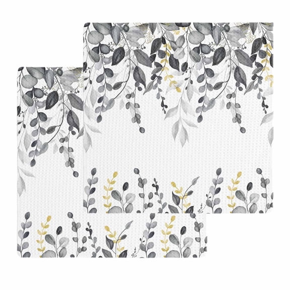 Grey Eucalyptus Kitchen Dish Towels for Drying Dishes Set of 2, Watercolor Spring Weeping Botanical Waffle Weave Microfiber Hand Tea Bathroom Towels Quick Dry & Absorbent Towel 12x12