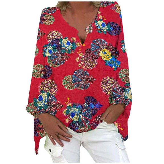 IROINNID Discount Womens Long Sleeve V-Neck Shirts Plus Size Hedging Polka Print Cotton Linen Tops T-shirt,Red