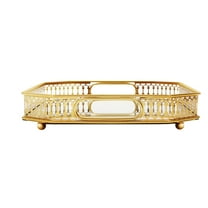ToppiJoy Gold Serving Tray with Handles, Electroplated Iron & Glass for Drinks, Fruit & Jewelry - Elegant Decorative Rectangular Tray for Home, Living Room, or Office