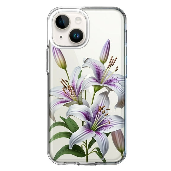 MUNDAZE Case for Apple iPhone 15 Hybrid Shockproof Slim Hard Soft TPU Shell Heavy Duty Protective Phone Cover - White Lavender Lily Purple Flowers Floral