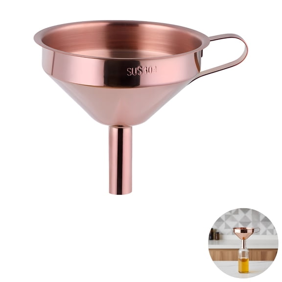 Stainless Steel Funnels with Wide Mouth, Rose Gold Funnel with Detachable Strainer, 304 Metal Cooking Oil Funnel with Handle for Filling Bottles, Jars, Kitchen Liquid Transfer