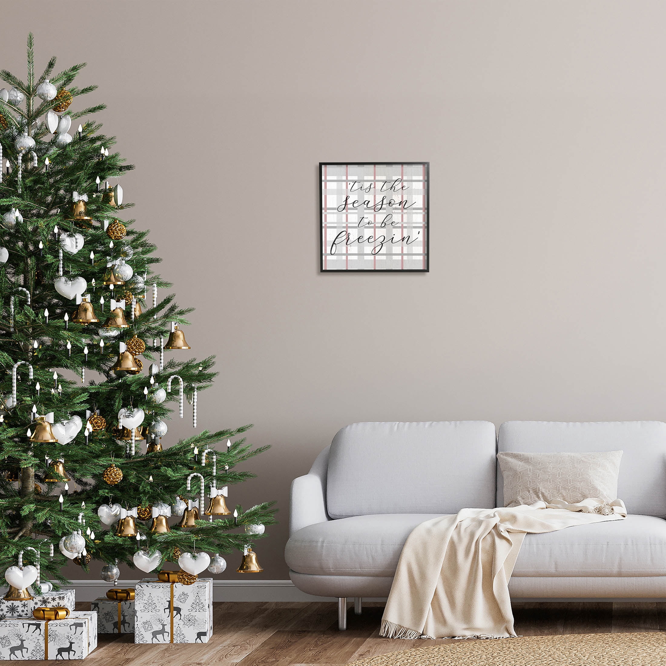 Tis The Season To Be Freezin' Winter Plaid Holiday Graphic Art Black Framed Art Print Wall Art