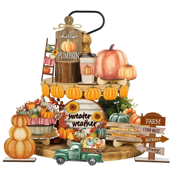 ZEPARO Fall Tiered Tray Decor,Thanksgiving Tabletop Decorations,Wooden Sign Centerpieces for Harvest Indoor Kitchen Autumn Party Supplies