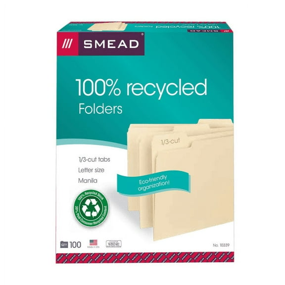 Smead Manila File Folders, Letter Size, 1/3 Cut, 100% Recycled, Box Of 100,