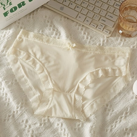 BSDJILFG Silk Briefs for Women Quick Drying Seamless Underwear Medium Waist Solid Color Lace Trim Cheeky Panties Rollback