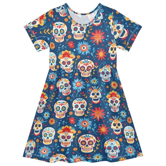 Mexican Day Of The Dead Short Sleeve Dress A-Line Cute Midi Casual Sundress 2-8 Years