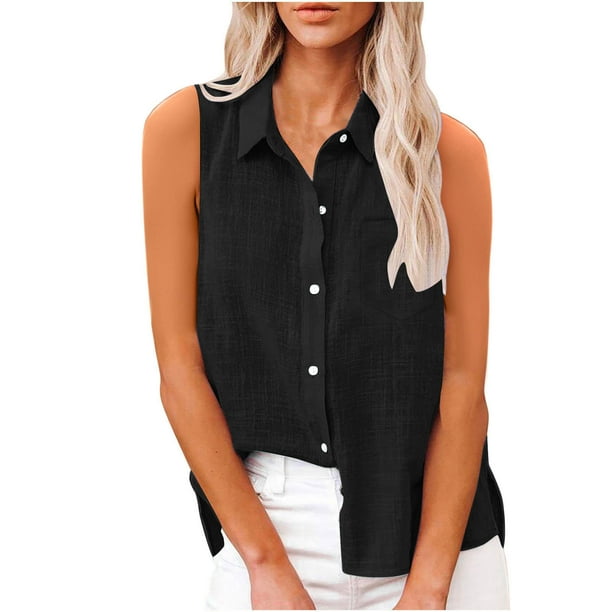 Vestidos Casuales Para Mujer, Blusas De Mujer De Moda Camisa de verano para mujer, de moda, de color liso, sin mangas, con bolsillos y botones.