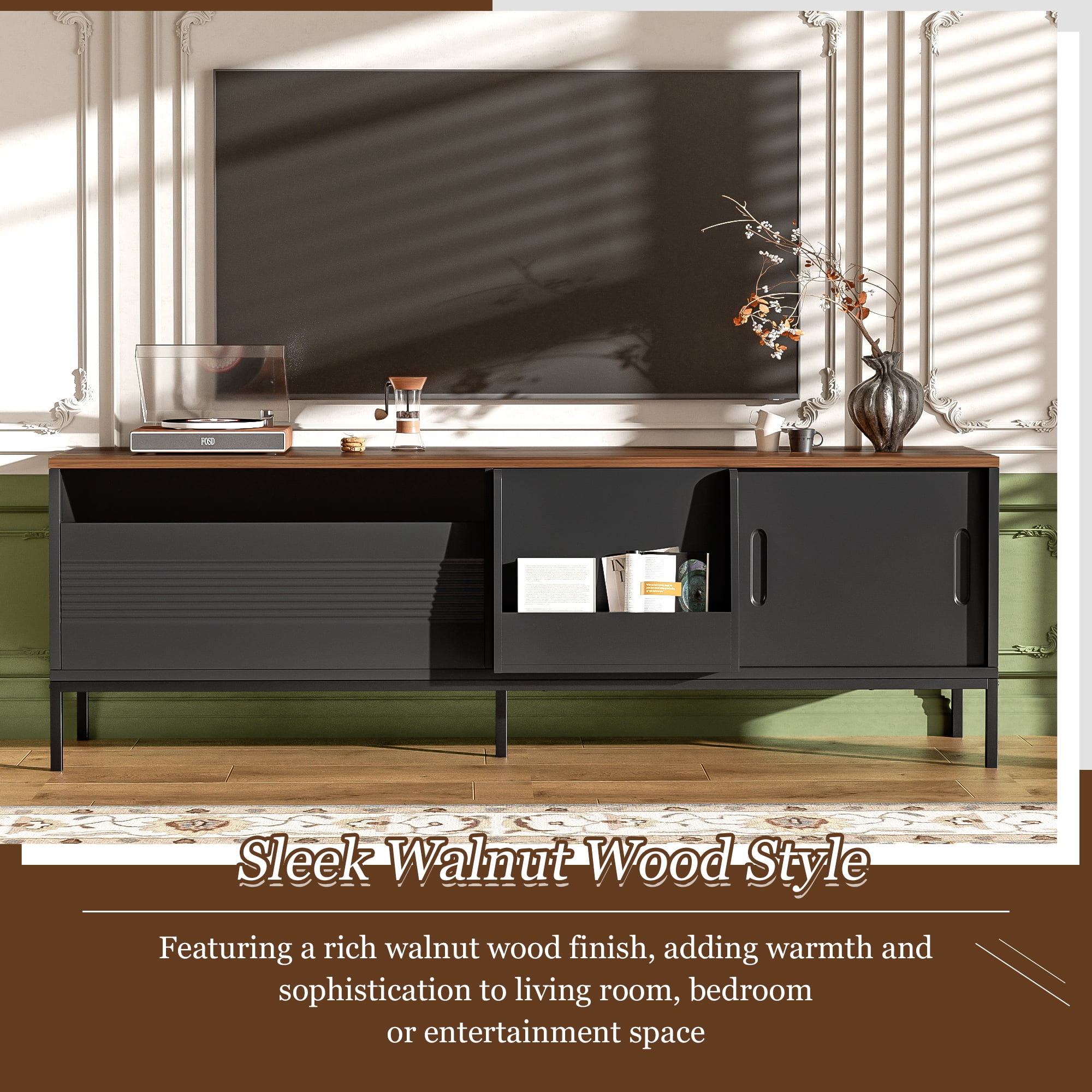 TV Stand 70.8 Inch, Entertainment Center with Sliding Doors and Adjustable Shelves, Media Console for TVs up to 75 Inch, Living Room Furniture, Black