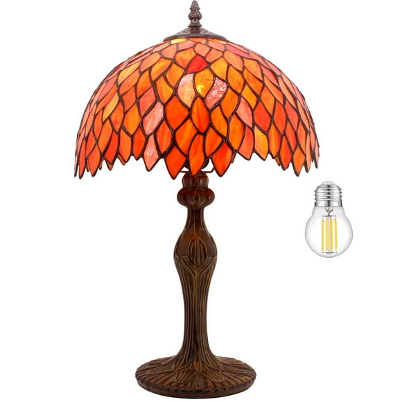 WERFACTORY Tiffany Lamp Stained Glass Table Lamp Red Wisteria Style Desk Bedside Reading Light 12X12X18 Inches Deco Bedroom Living Room Home Office S523R Series (A)