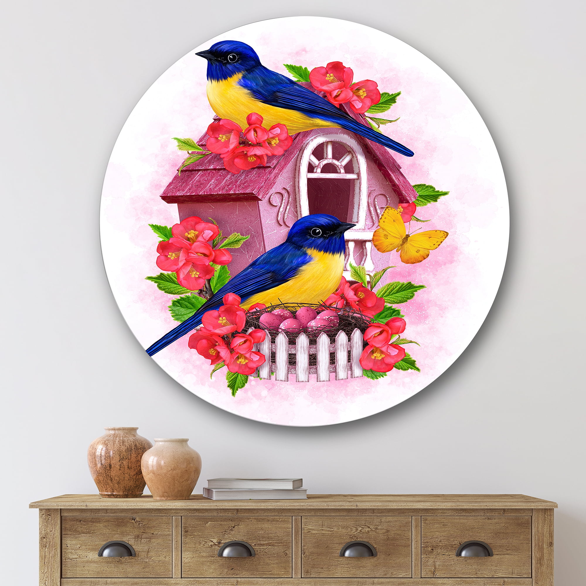 Designart 'Two Yellow and Blue Tit Birds Sitting Near The Nest' Traditional Circle Metal Wall Art 29x29 - Disc of 29